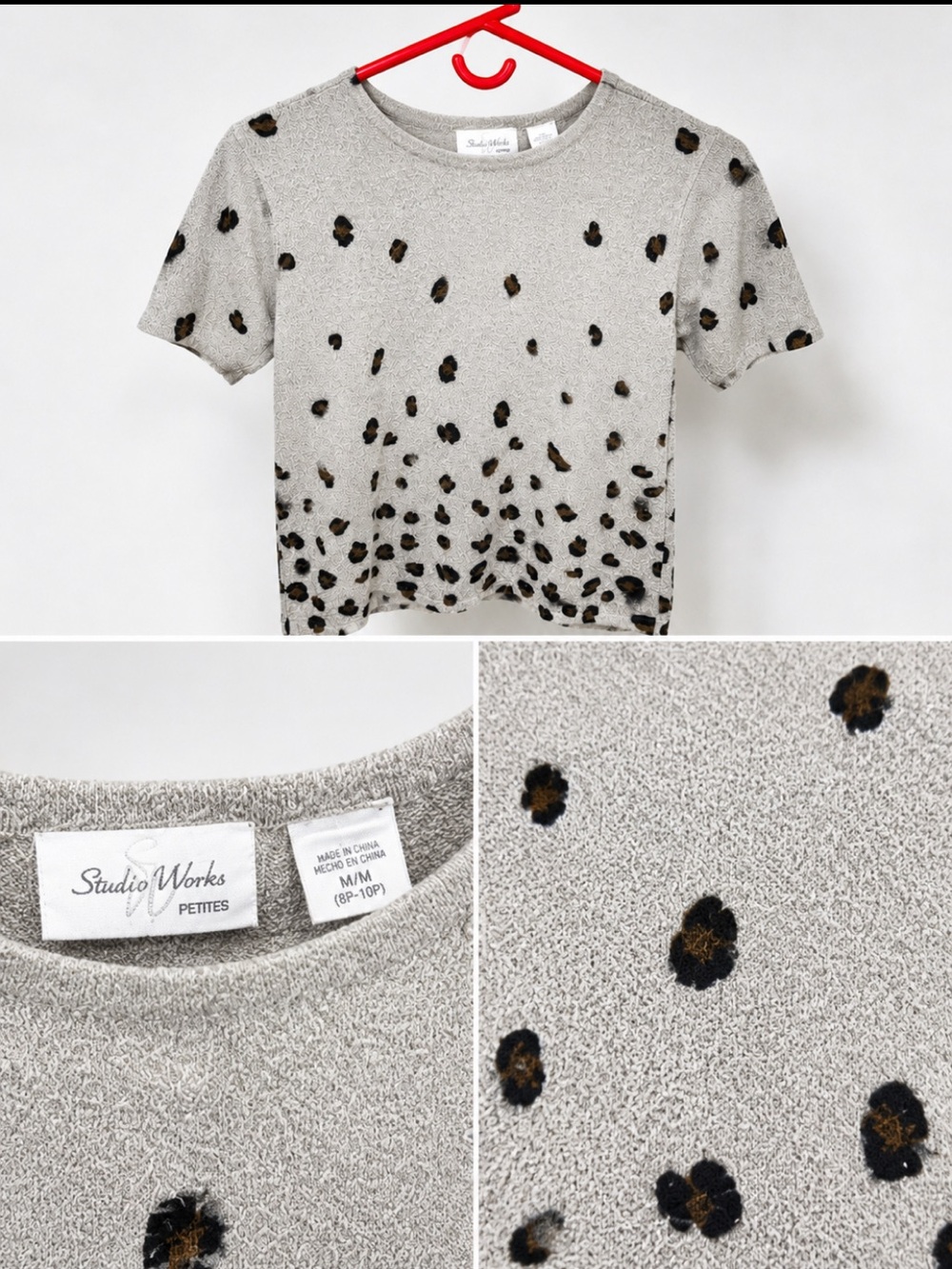 Studio Works Light Gray Short Sleeve Tee with Black & Brown Leopard Spots